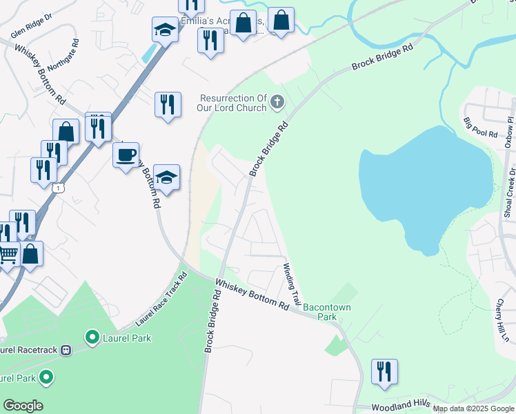 map of restaurants, bars, coffee shops, grocery stores, and more near 8573 Crooked Tree Lane in Laurel