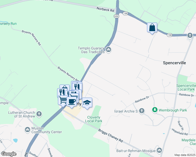 map of restaurants, bars, coffee shops, grocery stores, and more near 721 McNeil Lane in Silver Spring