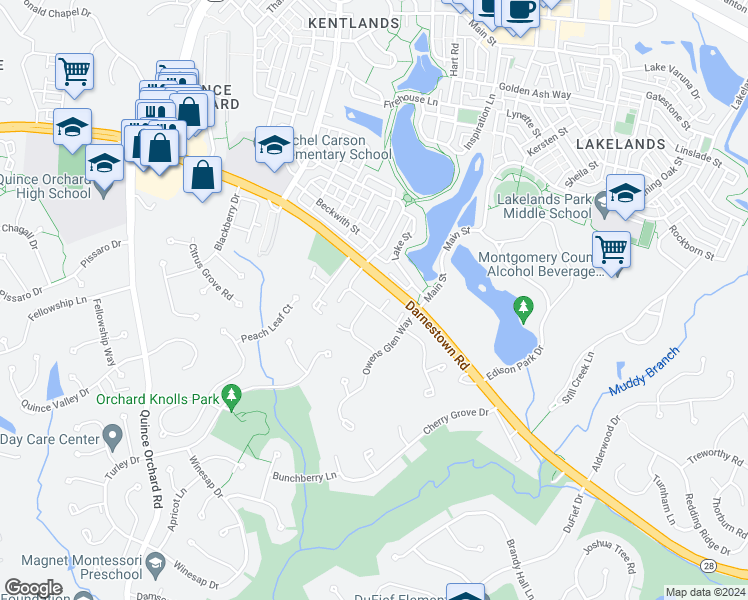 map of restaurants, bars, coffee shops, grocery stores, and more near 15701 Ambiance Drive in North Potomac