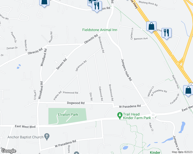 map of restaurants, bars, coffee shops, grocery stores, and more near 8366 Oakwood Road in Millersville