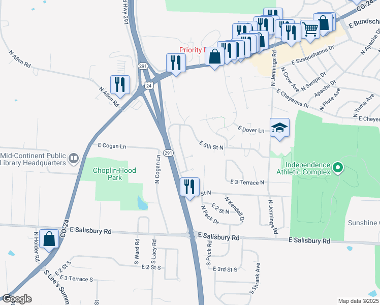 map of restaurants, bars, coffee shops, grocery stores, and more near 16418 East 4th Street Court North in Independence