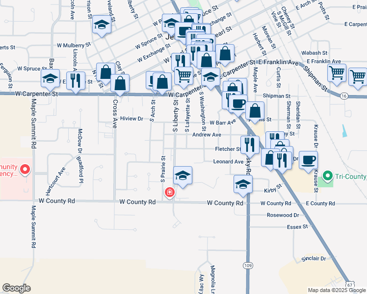 map of restaurants, bars, coffee shops, grocery stores, and more near 710 South Lafayette Street in Jerseyville