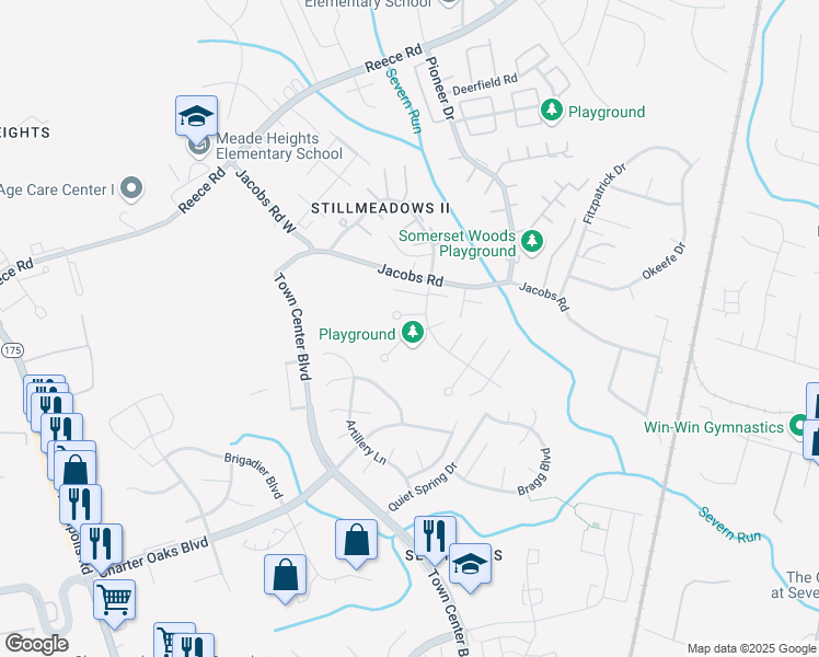 map of restaurants, bars, coffee shops, grocery stores, and more near 1828 Eagle Court in Severn