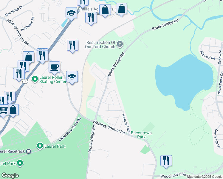 map of restaurants, bars, coffee shops, grocery stores, and more near 8573 Crooked Tree Lane in Laurel