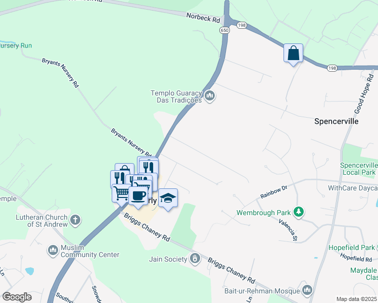 map of restaurants, bars, coffee shops, grocery stores, and more near 721 McNeil Lane in Silver Spring