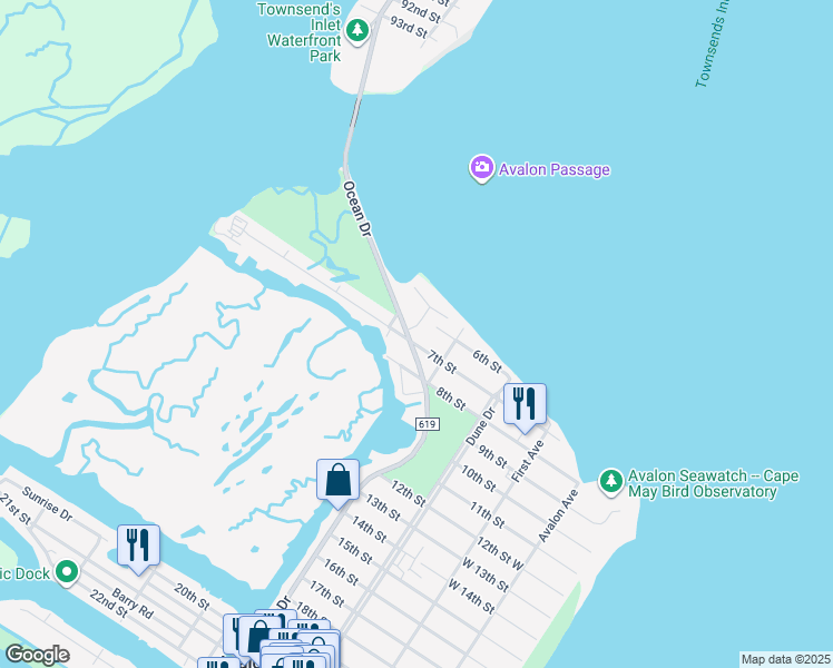 map of restaurants, bars, coffee shops, grocery stores, and more near 11 Inlet Drive East in Avalon