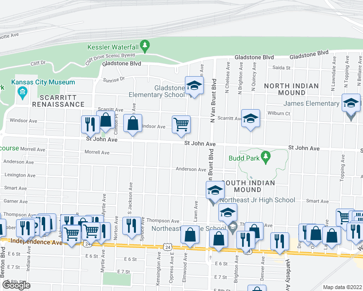 map of restaurants, bars, coffee shops, grocery stores, and more near 4505 Saint John Avenue in Kansas City