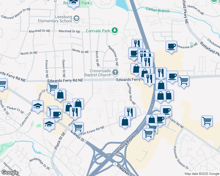 map of restaurants, bars, coffee shops, grocery stores, and more near 28 Hancock Place Northeast in Leesburg
