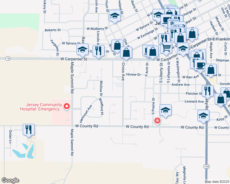 map of restaurants, bars, coffee shops, grocery stores, and more near 511 South Pearl Street in Jerseyville