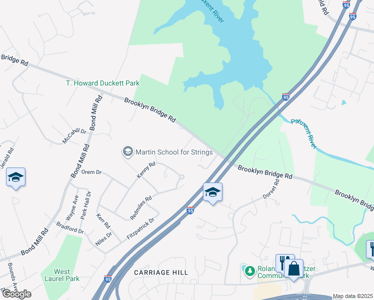 map of restaurants, bars, coffee shops, grocery stores, and more near 16205 Cannfield Drive in Laurel