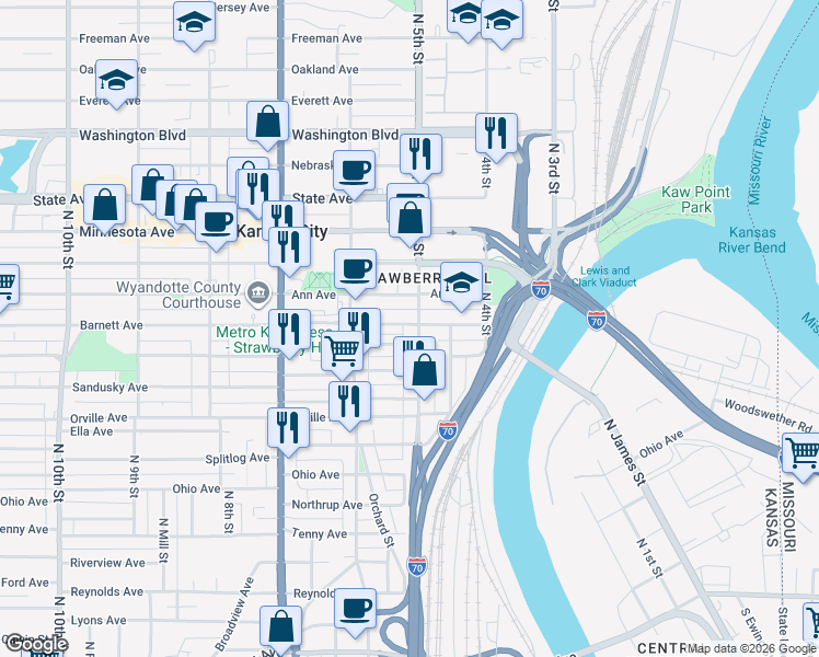 map of restaurants, bars, coffee shops, grocery stores, and more near 503 Barnett Avenue in Kansas City
