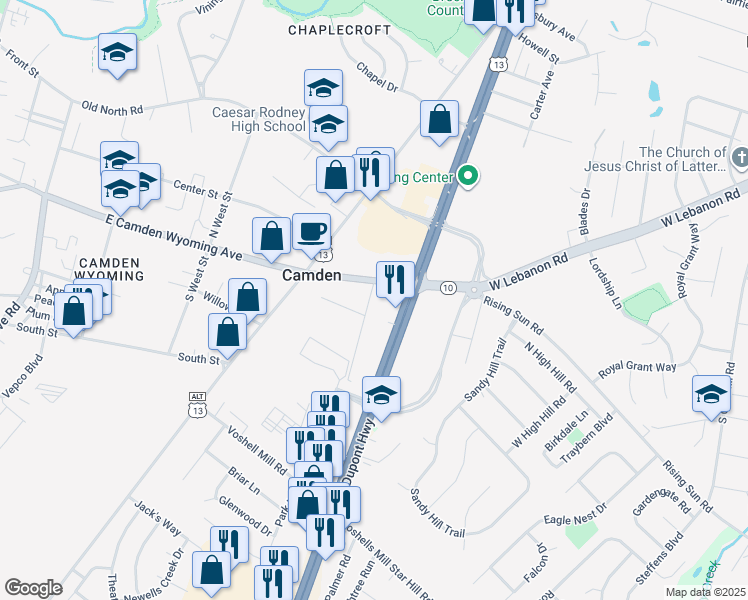 map of restaurants, bars, coffee shops, grocery stores, and more near 402 East Camden Wyoming Avenue in Camden