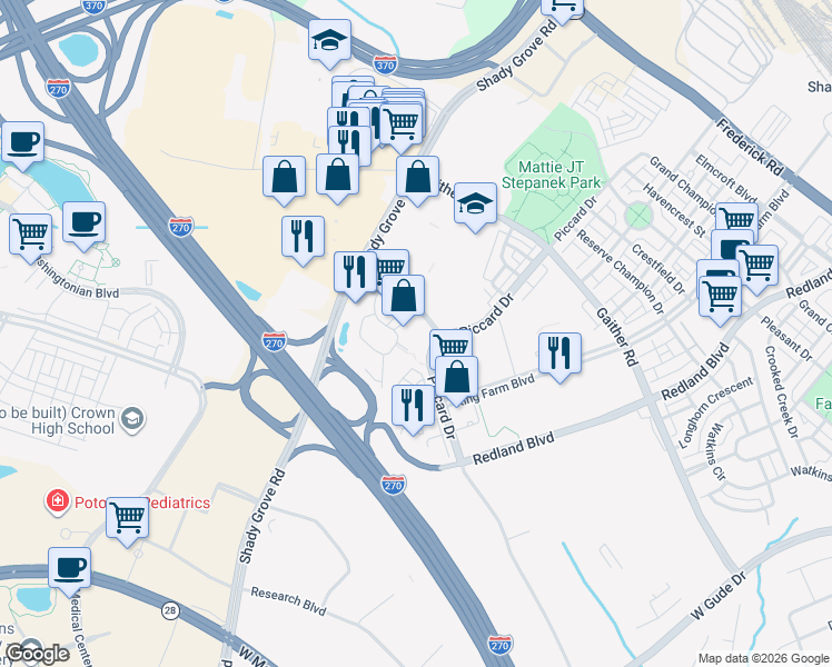 map of restaurants, bars, coffee shops, grocery stores, and more near 70 Upper Rock Circle in Rockville