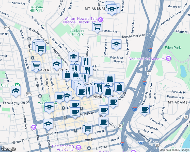 map of restaurants, bars, coffee shops, grocery stores, and more near 412 East Liberty Street in Cincinnati