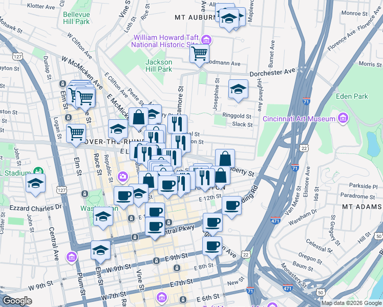 map of restaurants, bars, coffee shops, grocery stores, and more near in Cincinnati