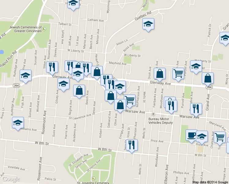 map of restaurants, bars, coffee shops, grocery stores, and more near 1023 Carson Avenue in Cincinnati