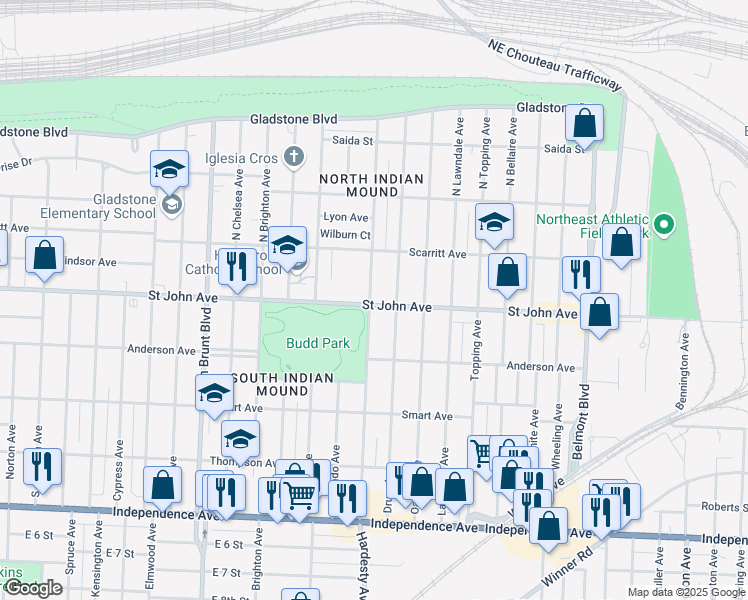 map of restaurants, bars, coffee shops, grocery stores, and more near 5414 Saint John Avenue in Kansas City
