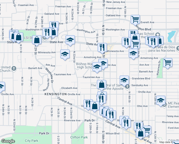 map of restaurants, bars, coffee shops, grocery stores, and more near 612 North 20th Street in Kansas City