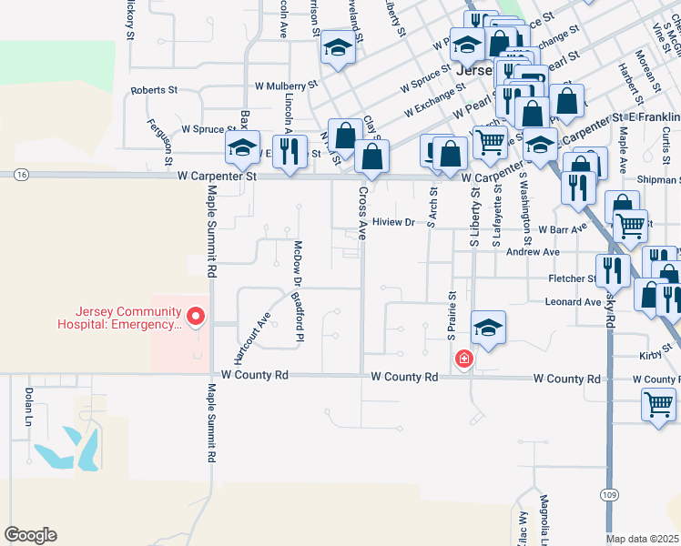 map of restaurants, bars, coffee shops, grocery stores, and more near 511 South Pearl Street in Jerseyville