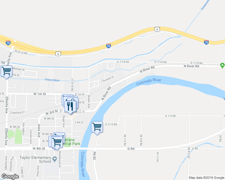 map of restaurants, bars, coffee shops, grocery stores, and more near 3819 North River Road in Palisade