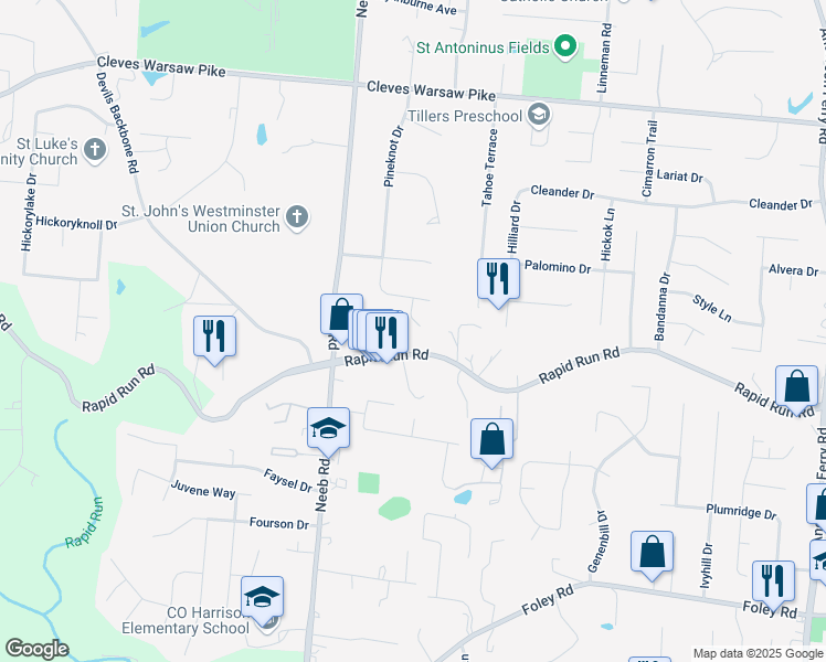 map of restaurants, bars, coffee shops, grocery stores, and more near 963 Delight Drive in Cincinnati