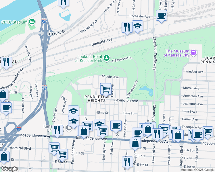map of restaurants, bars, coffee shops, grocery stores, and more near 2200 Pendleton Avenue in Kansas City