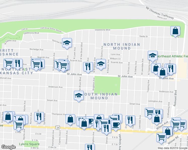 map of restaurants, bars, coffee shops, grocery stores, and more near 101 North Brighton Avenue in Kansas City