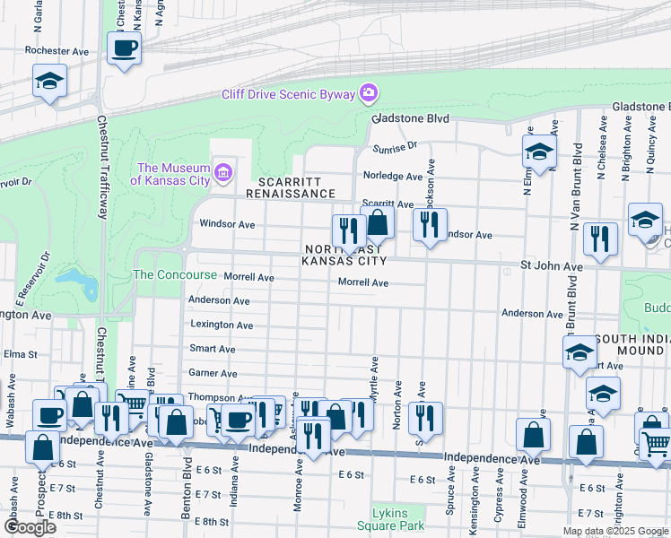 map of restaurants, bars, coffee shops, grocery stores, and more near 111 North Monroe Avenue in Kansas City