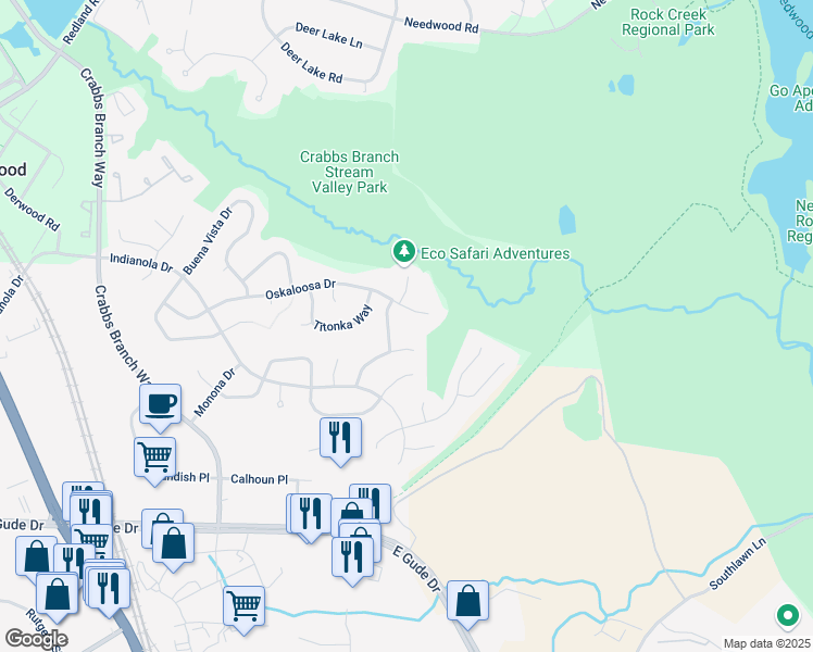 map of restaurants, bars, coffee shops, grocery stores, and more near 7318 Oskaloosa Drive in Rockville
