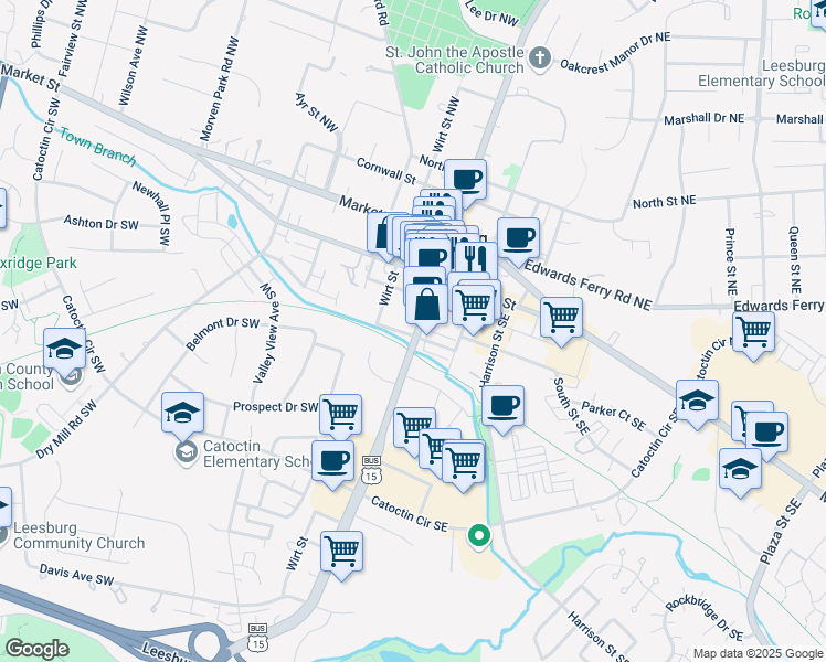 map of restaurants, bars, coffee shops, grocery stores, and more near 219 U.S. 15 Business in Leesburg