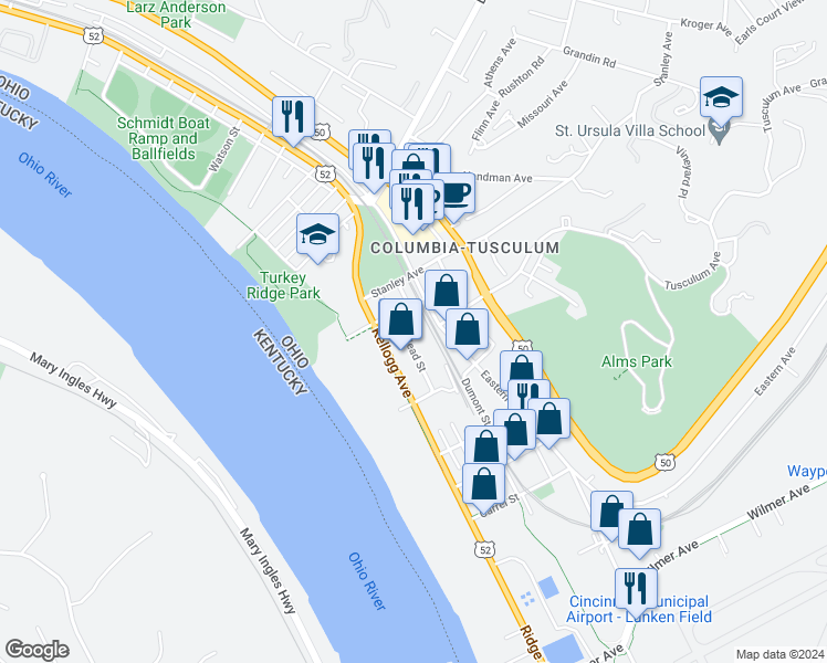 map of restaurants, bars, coffee shops, grocery stores, and more near 3718 Mead Street in Cincinnati