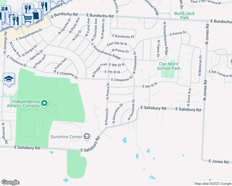 map of restaurants, bars, coffee shops, grocery stores, and more near 18508 East 5th Terrace North in Independence