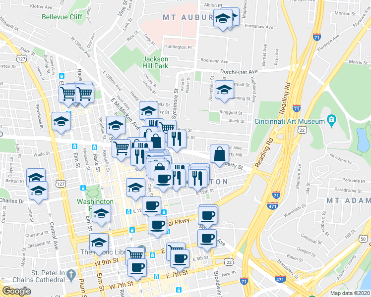 map of restaurants, bars, coffee shops, grocery stores, and more near 1602 Mansfield Street in Cincinnati