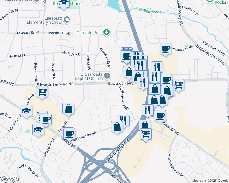 map of restaurants, bars, coffee shops, grocery stores, and more near 71 Adams Drive Northeast in Leesburg