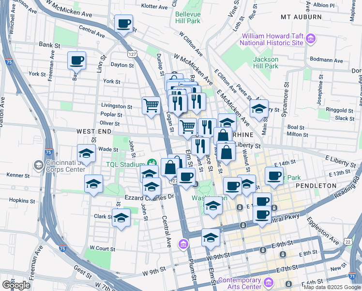 map of restaurants, bars, coffee shops, grocery stores, and more near 208 Wade Street in Cincinnati