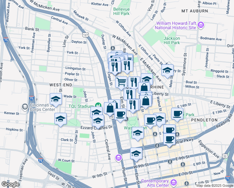 map of restaurants, bars, coffee shops, grocery stores, and more near 208 Wade Street in Cincinnati