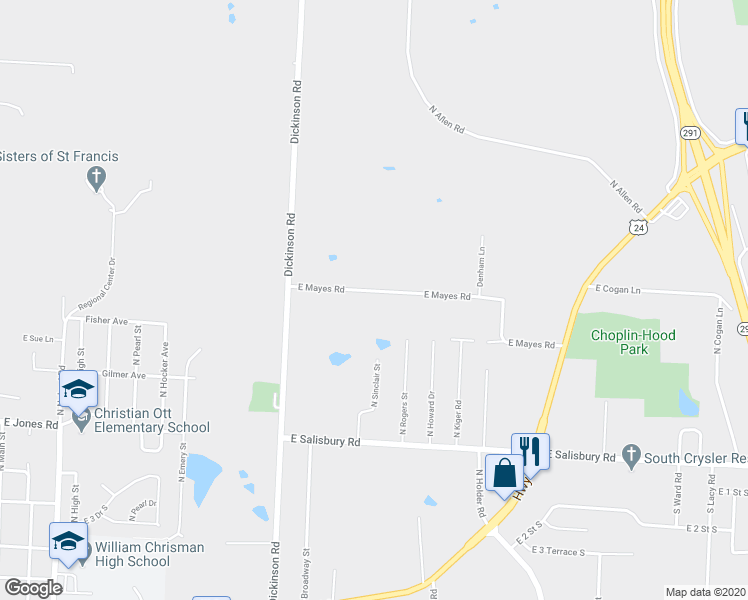 map of restaurants, bars, coffee shops, grocery stores, and more near 14815 East Mayes Road in Independence