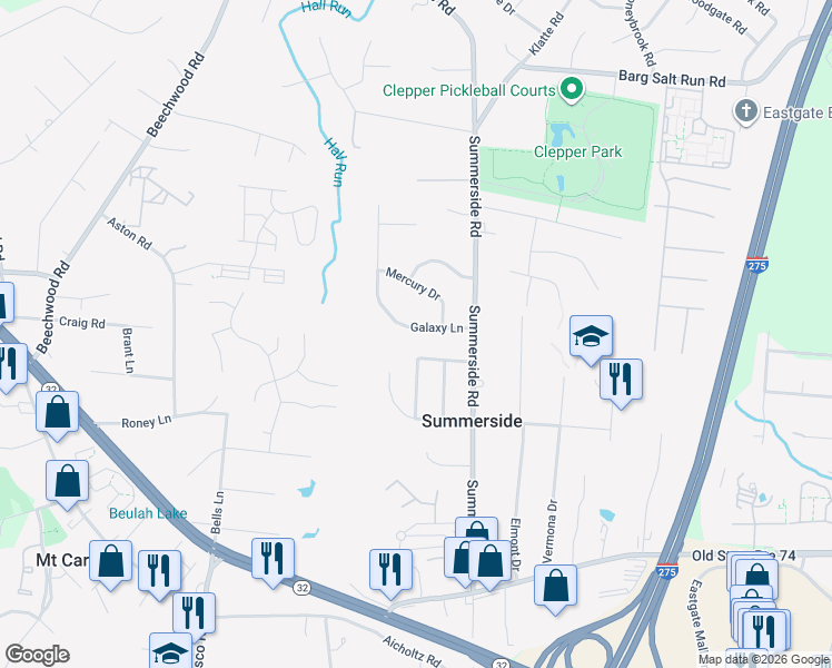 map of restaurants, bars, coffee shops, grocery stores, and more near 4669 Galaxy Lane in Cincinnati