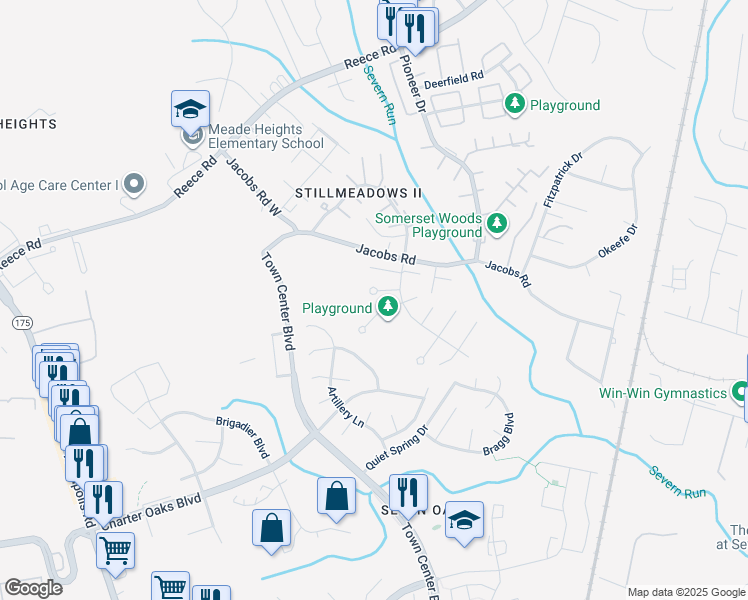 map of restaurants, bars, coffee shops, grocery stores, and more near 1839 Dove Court in Severn