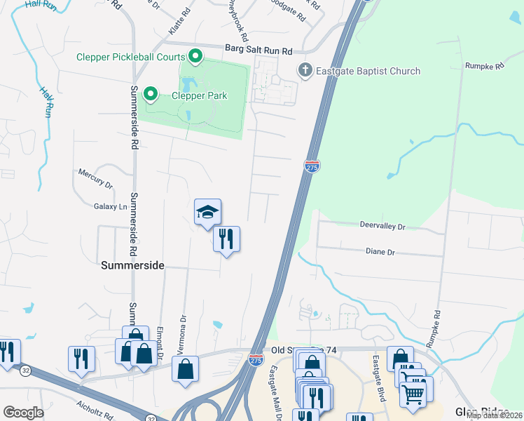map of restaurants, bars, coffee shops, grocery stores, and more near 4644 Bluejay Court in Cincinnati