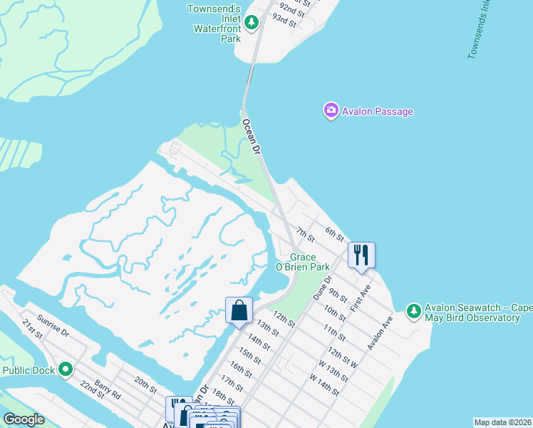 map of restaurants, bars, coffee shops, grocery stores, and more near 404 7th Street in Avalon