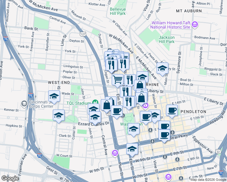 map of restaurants, bars, coffee shops, grocery stores, and more near in Cincinnati