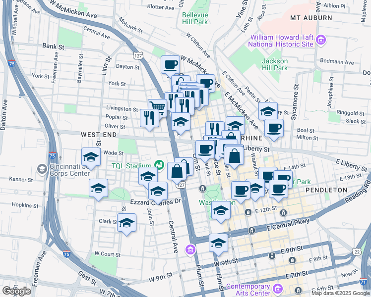 map of restaurants, bars, coffee shops, grocery stores, and more near 212 Wade Street in Cincinnati
