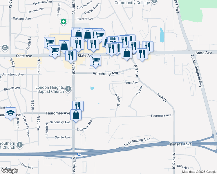 map of restaurants, bars, coffee shops, grocery stores, and more near 741 North 75th Terrace in Kansas City