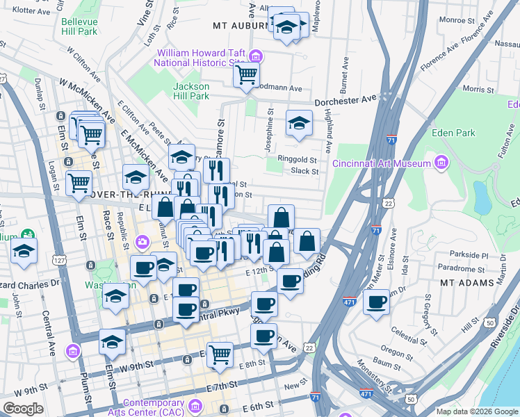 map of restaurants, bars, coffee shops, grocery stores, and more near 412 East Liberty Street in Cincinnati