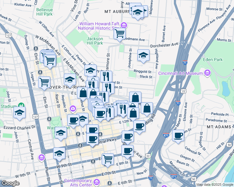 map of restaurants, bars, coffee shops, grocery stores, and more near 412 East Liberty Street in Cincinnati