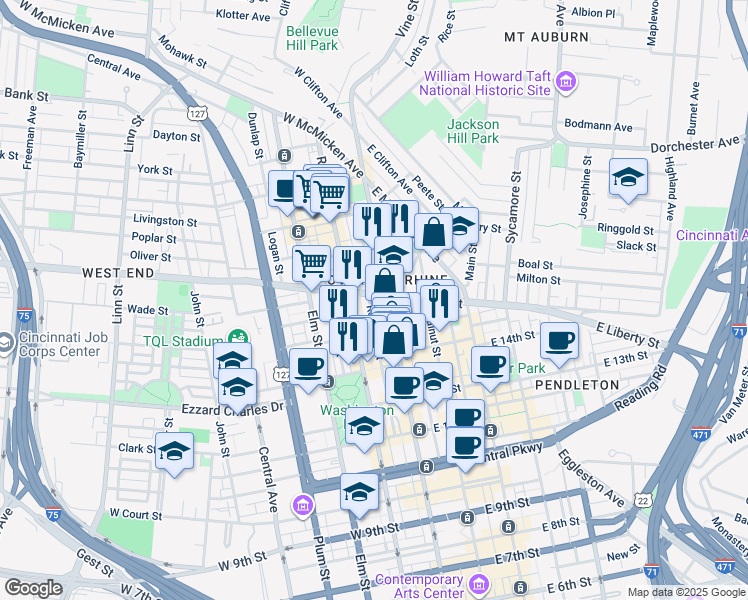 map of restaurants, bars, coffee shops, grocery stores, and more near in Cincinnati