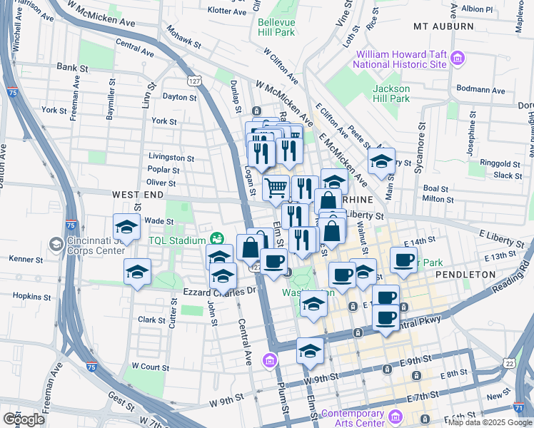 map of restaurants, bars, coffee shops, grocery stores, and more near in Cincinnati