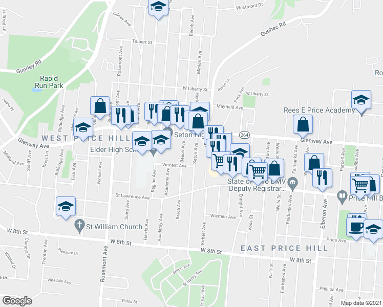 map of restaurants, bars, coffee shops, grocery stores, and more near 1122 Seton Avenue in Cincinnati