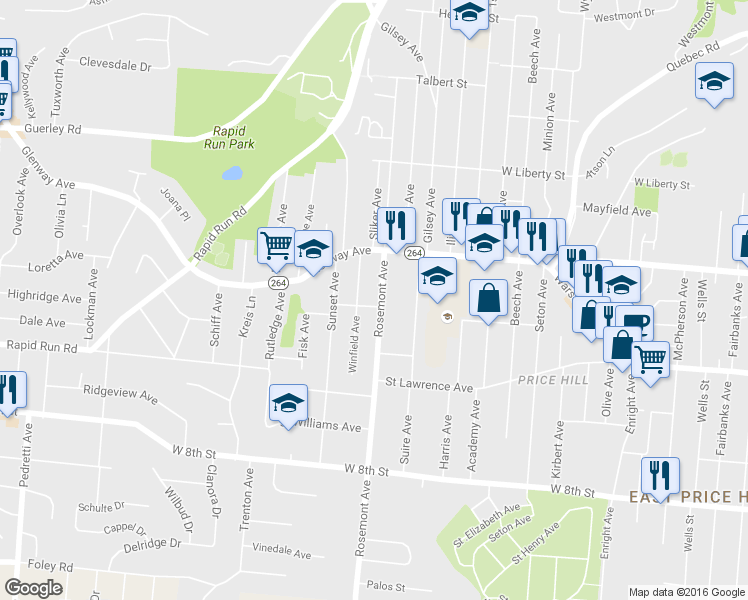 map of restaurants, bars, coffee shops, grocery stores, and more near 1101 Rosemont Avenue in Cincinnati
